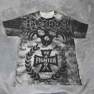 NAGA Fighter Skull All Over Print T Shirt Mens L Slim Fit Grunge Y2K Style